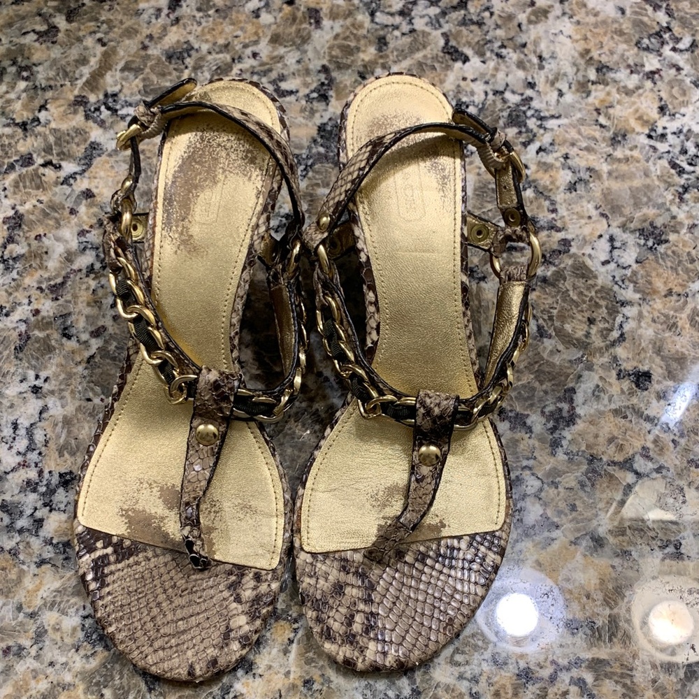 COACH Women's Snakeskin wedge Sandals with Chain Detail